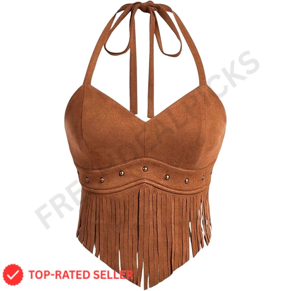 Plus Size Fringe Halter Top V Neck Beaded Cowgirl Western Suede Crop Top